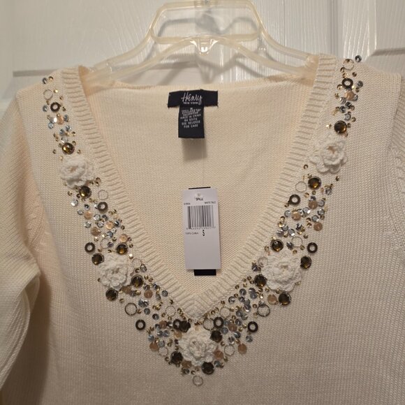 HENRY NEW YORK Women's 100% Cotton V-Neckline Beaded L/Sleeves Sweater - SML - Picture 8 of 13